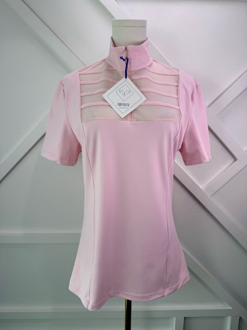 NWT Equisite Elaine Schooling Equestrian Mesh Panel Shirt in Blush Pink Size XL